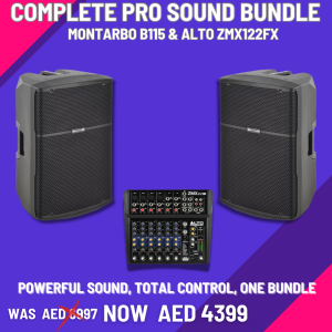 Montarbo B115 active speakers+ Alto ZMX122FX Mixer Bundle